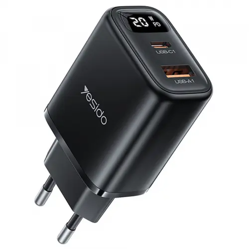 Incarcator Retea Yesido YC68, 20W Display, 3A, 1 x USB-A - 1 x USB-C (Negru)