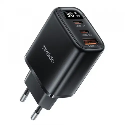 Incarcator Retea Yesido YC69 Display, 30W, 3A, 1 x USB-A - 2 x USB-C (Negru)