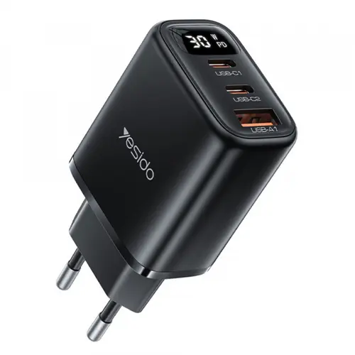 Incarcator Retea Yesido YC69 Display, 30W, 3A, 1 x USB-A - 2 x USB-C (Negru)