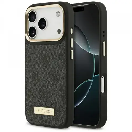 Husa MagSafe pentru Apple iPhone 17 Pro, Guess, 4G Logo Plate, Neagra