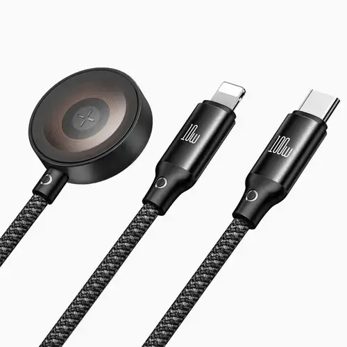 Cablu Mcdodo CA-4940 3in1 Type-C la Lightning/Type-C cu Incarcator Wireless compatibil cu Apple Watch, 100W Fast Charging, O Series, 1.2m (Negru)