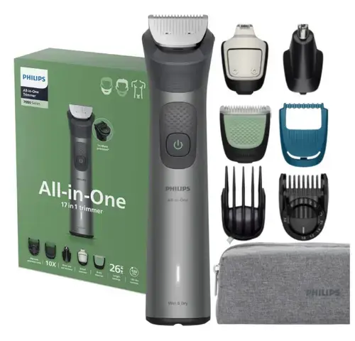 Aparat de tuns barba & parul de pe cap si corp 17in1 PHILIPS All-in-One MG7961/15, Autonomie 120 min, 26 setari de lungime: 0,5-20 mm, 3 capete trimmer specializate (detalii, corp, nas), piepteni pt fata, cap, corp, 100% rezistent la apa, husa (Gri)