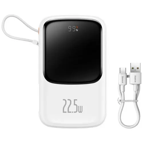 Acumulator extern Baseus Q Pow Digital Display Incarcare Rapida, QC/PD, 10000mAh, 22.5W, cablu integrat Type-C (Alb)