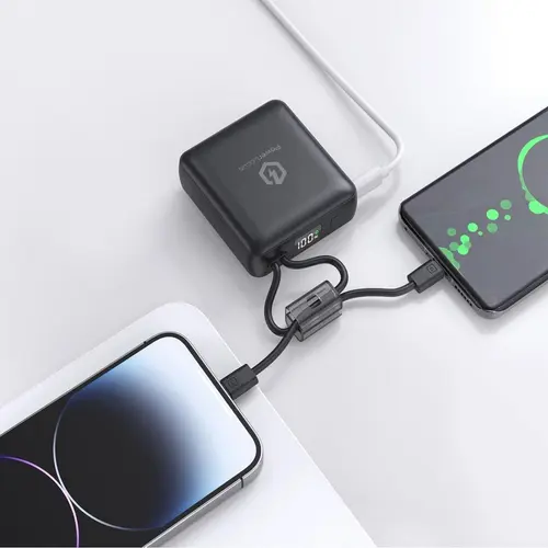 Acumulator extern PowerLocus PWL-POWERBANK10K-BLACK, 10000mAh, 20W PD Fast Charging, cabluri incorporate Type-C si Lightning (Negru)