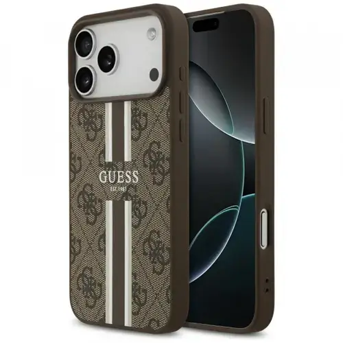 Husa MagSafe pentru Apple iPhone 17 Pro Max, Guess, 4G Printed Stripes (Maro)