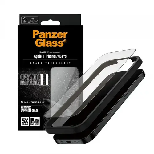 Folie de protectie Ecran PanzerGlass Ultra-Wide Ceramic II EasyAligner pentru Apple iPhone 17 / 16 Pro, Sticla Securizata, Full Glue