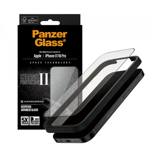 Folie de protectie Ecran PanzerGlass Ultra-Wide Ceramic II EasyAligner pentru Apple iPhone 17 / 16 Pro, Sticla Securizata, Full Glue