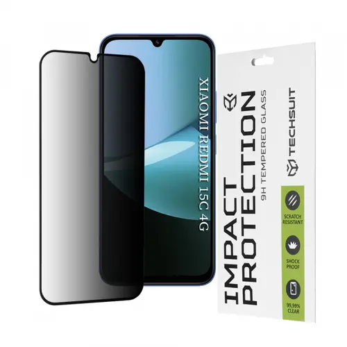 Folie de protectie Ecran Privacy Techsuit pentru Xiaomi Redmi 15C 5G / 15C 4G, Sticla Securizata, Full Glue, 111D