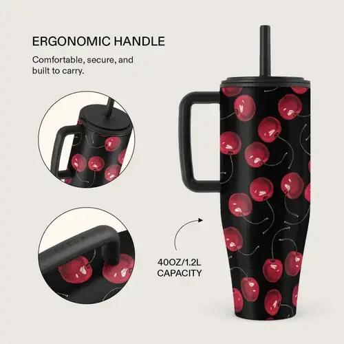 Cana Termos Burga Cherrybomb BCTCHIXCRP, 1.2 L cu capac anti scurgeri si pai reutilizabil, inox (Negru)