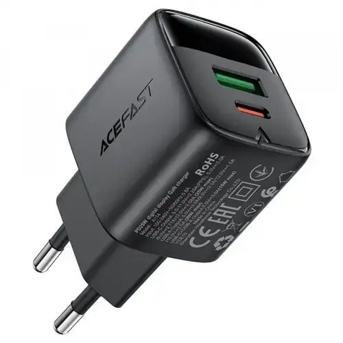 Incarcator Retea Acefast A114 Display, 25W, 3A, 1 x USB-A - 1 x USB-C (Negru)