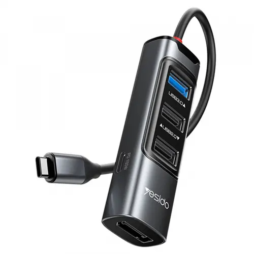 Hub USB-C Yesido HB23, 5in1, 2x USB2.0, 1x USB3.0, 1x Type-C, 1x DisplayPort (Gri)