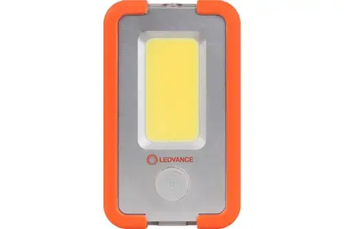 Lanterna LED camping Ledvance, 4W COB, 400 lm,  3 moduri de iluminare (100%-400 lm, 30%-120 lm si flash), acumulator Li-Ion 3000 mAh, USB power-bank, IP20, brat magnetic, carlig, cablu incarcare USB inclus, Portocaliu/Gri