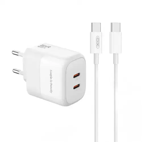 Incarcator Retea Cu Cablu USB-C XO Design L140, 35W, 3A, 2 x USB-C (Alb)