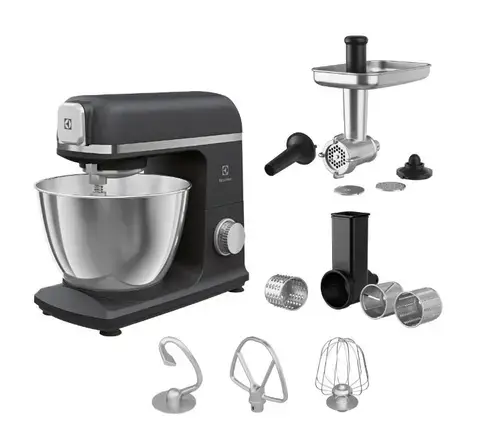 Robot de bucatarie Electrolux E5KM1-6GBP, 1200 W, 6 trepte de viteza, Functie Pulse, Corp metalic, Bol inox 5 L, Masina de tocat carne, Accesoriu razuire/ feliere (Negru/Gri)