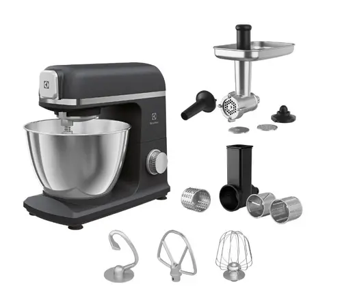 Robot de bucatarie Electrolux E5KM1-6GBP, 1200 W, 6 trepte de viteza, Functie Pulse, Corp metalic, Bol inox 5 L, Masina de tocat carne, Accesoriu razuire/ feliere (Negru/Gri)