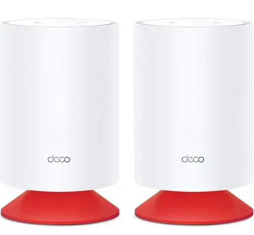 Sistem Mesh TP-Link Deco Voice X20 (2 pack), Dual-Band, Gigabit, Wi-Fi 6, AX1800, cu Speaker Smart încorporat, Beamforming, MU-MIMO, OFDMA, Protectie Real-Time IoT, Control Parental si Sistem Alexa integrat (Alb/Rosu)