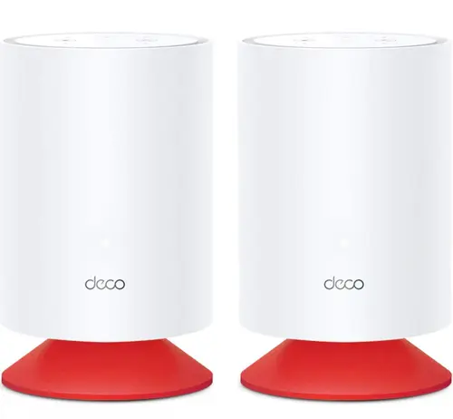 Sistem Mesh TP-Link Deco Voice X20 (2 pack), Dual-Band, Gigabit, Wi-Fi 6, AX1800, cu Speaker Smart încorporat, Beamforming, MU-MIMO, OFDMA, Protectie Real-Time IoT, Control Parental si Sistem Alexa integrat (Alb/Rosu)