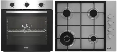 Pachet Cuptor incorporabil Arctic ARSE11130XD, 71 l, Electric, 6 functii, AquaDropClean, Grill, Timer, Clasa A + Plita incorporabila, Gaz, 4 Arzatoare, Aprindere electrica, Wok, 60 cm (Inox)