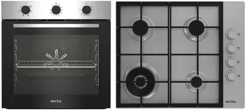 Pachet Cuptor incorporabil Arctic ARSE11130XD, 71 l, Electric, 6 functii, AquaDropClean, Grill, Timer, Clasa A + Plita incorporabila, Gaz, 4 Arzatoare, Aprindere electrica, Wok, 60 cm (Inox)