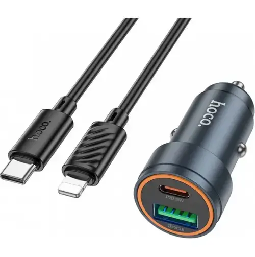 Incarcator Auto Cu Cablu Lightning HOCO Z57A, 30W, 3A, 1 x USB-A - 1 x USB-C (Gri)
