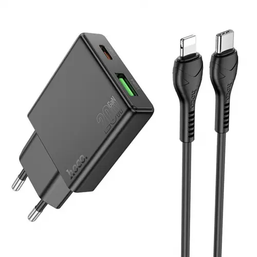 Incarcator Retea Cu Cablu Lightning HOCO N38, 20W, 3A, 1 x USB-A - 1 x USB-C (Negru)