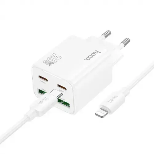 Incarcator Retea Cu Cablu Lightning HOCO N55, 20W, 3A, 2 x USB-A - 2 x USB-C (Alb)