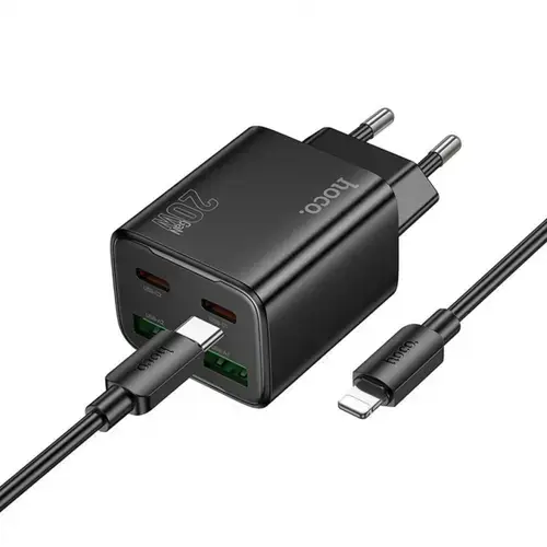 Incarcator Retea Cu Cablu Lightning HOCO N55, 20W, 3A, 2 x USB-A - 2 x USB-C (Negru)