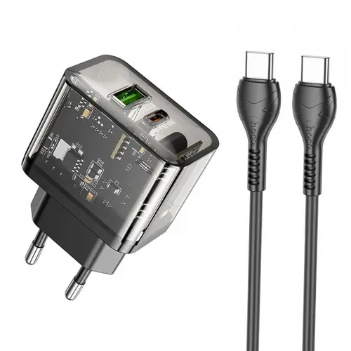 Incarcator Retea Cu Cablu USB-C HOCO N34, 20W, 3A, 1 x USB-A - 1 x USB-C (Transparent)