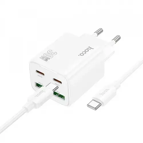 Incarcator Retea Cu Cablu USB-C HOCO N56, 30W, 3A, 2 x USB-A - 2 x USB-C (Alb)