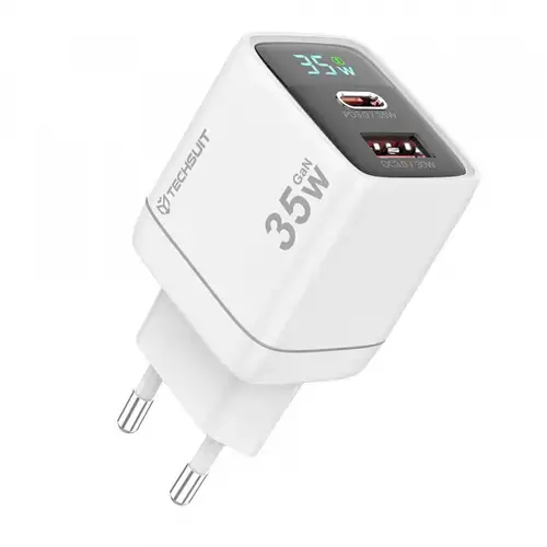 Incarcator Retea Techsuit CH3 LEDChargX Display, 35W, 3A, 1 x USB-A - 1 x USB-C (Alb)