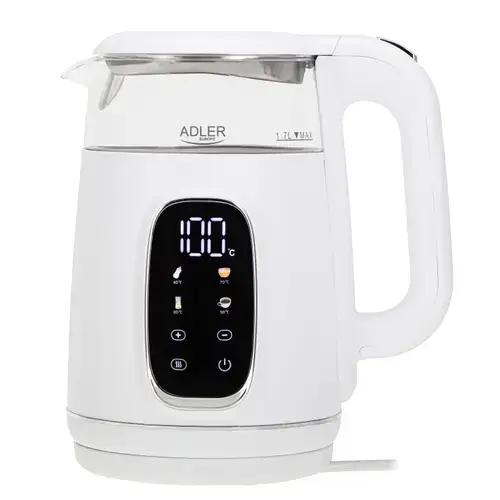 Fierbator de apa Adler AD 1305WS, 1.7 l, 2200 W, Afisaj LED, Baza pivotanta 360, Filtru calcar, 5 presetari (Alb/Argintiu)