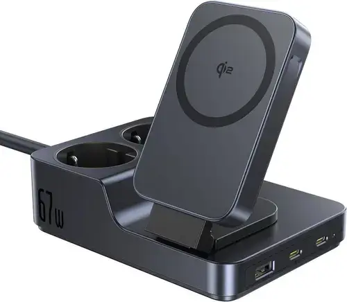 Statie incarcare Baseus Nomos ND11 6 in 1, 2x AC, 1x USB-A, 2x USB-C, Qi2 Wireless, 67W, 1.5m (Negru)