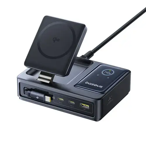 Statie de incarcare Baseus Nomos 5in1 Desktop Charger Qi2, 140W, Wireless Display Digital (Negru)