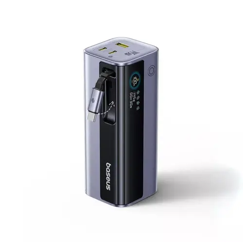 Baterie externa Baseus EnerGeek GR11, 20.000 mAh, 145W, USB, 2x USB-C, cu cablu retractabil (Gri)
