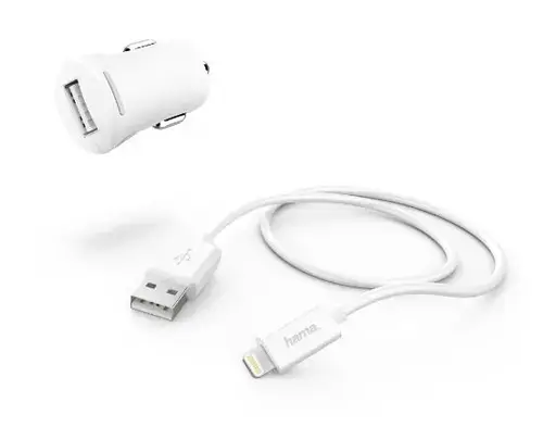 Incarcator auto Hama 183266, 1 x USB, 12W + cablu lightning, 1m (Alb)