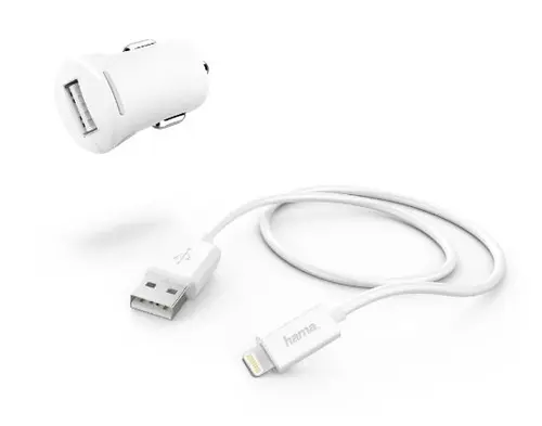 Incarcator auto Hama 183266, 1 x USB, 12W + cablu lightning, 1m (Alb)