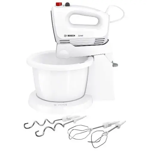 Mixer cu bol Bosch MFQ2600G, 375W, 4 trepte de viteza+turbo, 2 spirale, 2 teluri (Alb)
