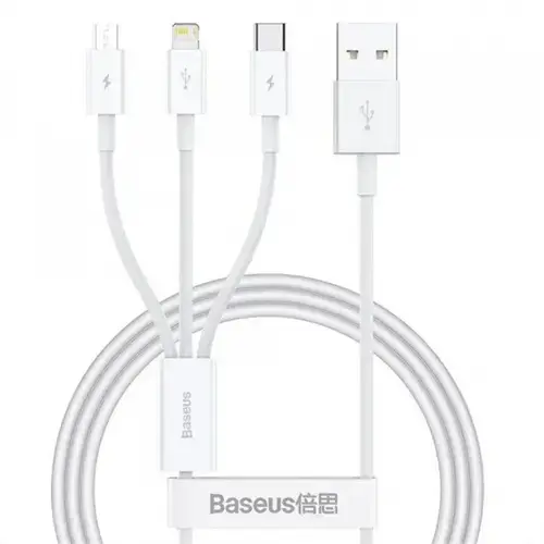 Cablu Incarcare Baseus 3in1, USB-A - Lightning / microUSB / USB-C, 100W, 1.5m (Alb)