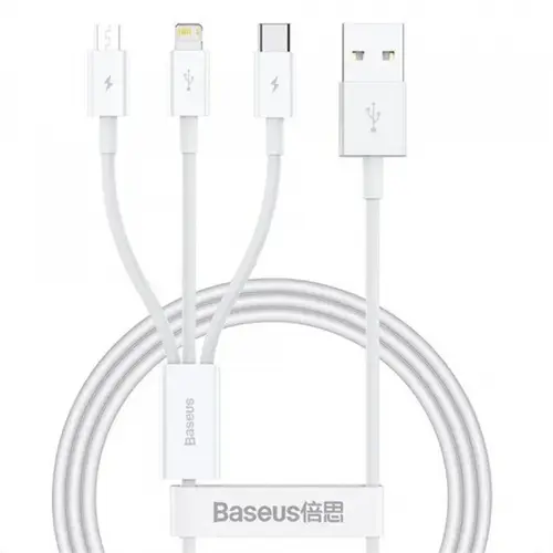 Cablu Incarcare Baseus 3in1, USB-A - Lightning / microUSB / USB-C, 100W, 1.5m (Alb)