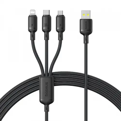 Cablu incarcare Baseus Silky 3in1, USB-A - Lightning / microUSB / USB-C, 100W, 1.5m (Negru)