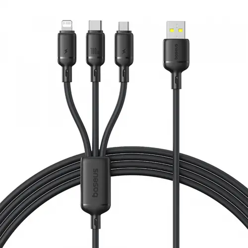 Cablu incarcare Baseus Silky 3in1, USB-A - Lightning / microUSB / USB-C, 100W, 1.5m (Negru)