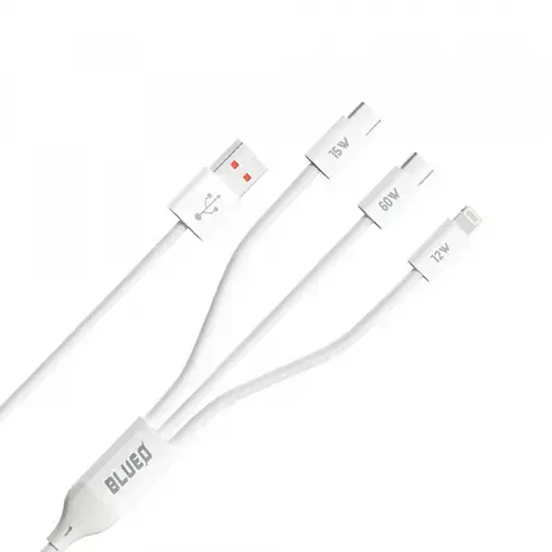 Cablu incarcare Blueo USB-A - Lightning / 2 x USB-C, 75W, 1.2m (Alb)