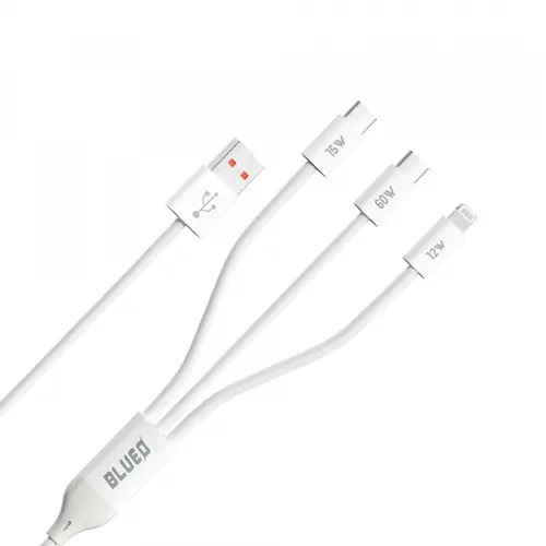 Cablu incarcare Blueo USB-A - Lightning / 2 x USB-C, 75W, 1.2m (Alb)