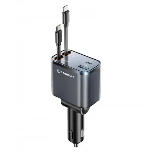 Incarcator Auto Cu Cablu USB-C / Lightning Techsuit C1 NanoVoltX, 69W, 3A, 1 x USB-A - 1 x USB-C (Gri)