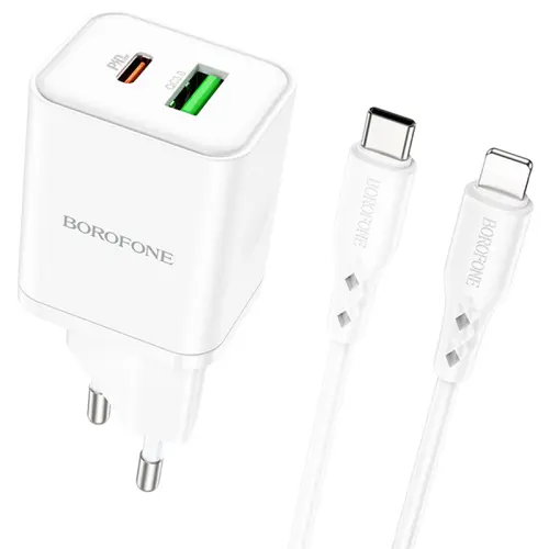 Incarcator Retea Cu Cablu Lightning Borofone BN7, 20W, 3A, 1 x USB-A - 1 x USB-C (Alb)