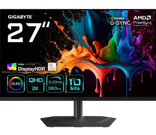 Monitor Gaming QD-OLED GIGABYTE 27inch MO27Q3, QHD (2560 x 1440), HDMI, DisplayPort, Boxe, Pivot, 360 Hz, 0.03 ms (Negru)