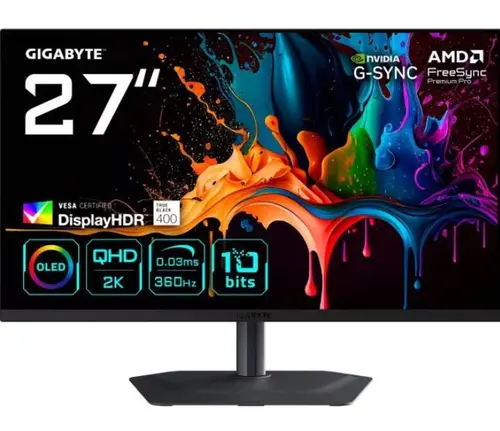 Monitor Gaming QD-OLED GIGABYTE 27inch MO27Q3, QHD (2560 x 1440), HDMI, DisplayPort, Boxe, Pivot, 360 Hz, 0.03 ms (Negru)