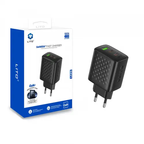 Incarcator Retea Lito LC25, 65W, 3.25A, 1 x USB-A - 2 x USB-C (Negru)