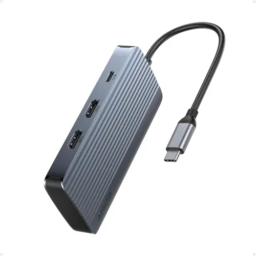 Hub Anker USB-C 7 in 1, Dual Monitor USB-C Docking Station, Dual HDMI Display, 85W Output, Transfer de date de 10Gbps (Gri)
