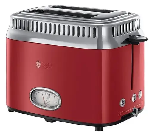 Prajitor de paine Russell Hobbs Retro Ribbon Red 21680-56, 1200 W, 2 felii, Prajire rapida, Gratar chifle (Rosu/Inox)